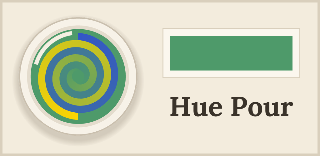 Hue Pour: a mixing bowl of blue and yellow paint swirling into green, next to a green target swatch